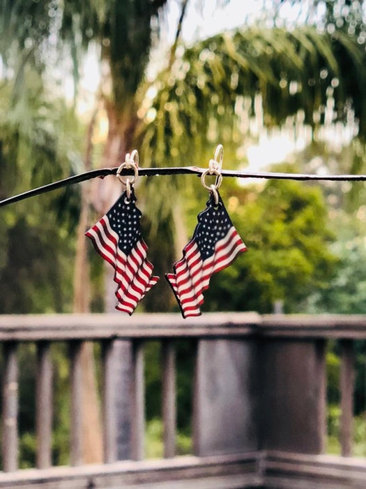 Waving American Flag Wood Earrings