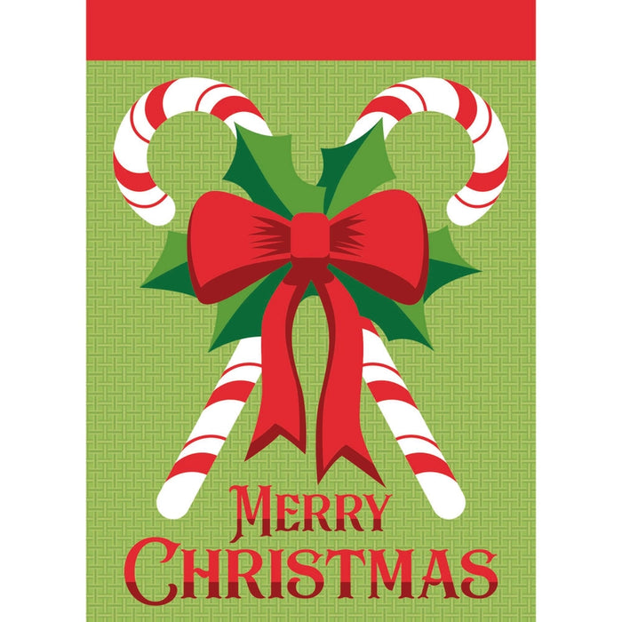 Christmas-themed garden flag with candy canes, bow, and 'Merry Christmas' text on a green background.