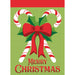 Christmas-themed garden flag with candy canes, bow, and 'Merry Christmas' text on a green background.