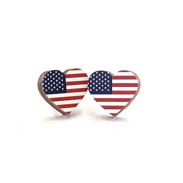 American Flag Heart Shaped Stud Wood Earrings