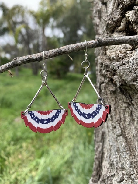 USA Bunting Fan Wood Earrings