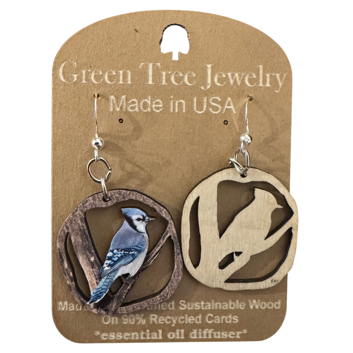 Blue Jay on Branches Wood Earrings