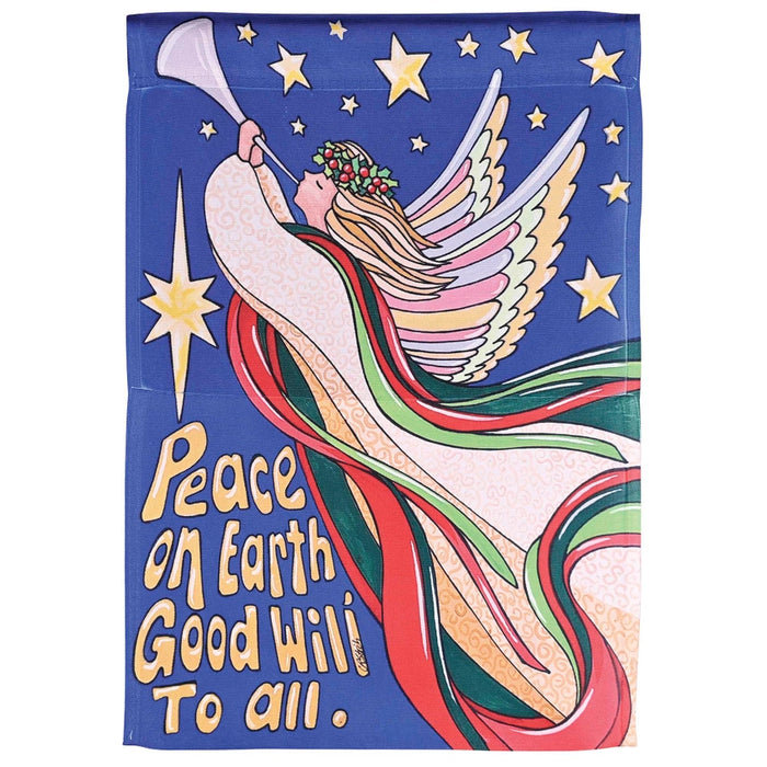 Decorative flag with angel design and 'Peace on Earth Good Will to All' text against a blue background with stars.