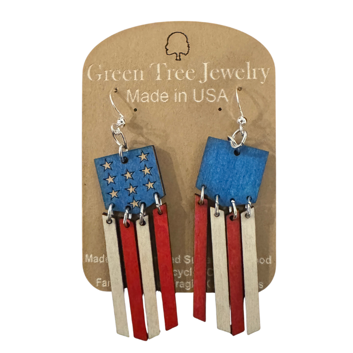 American Flag Dangle Wood Earrings