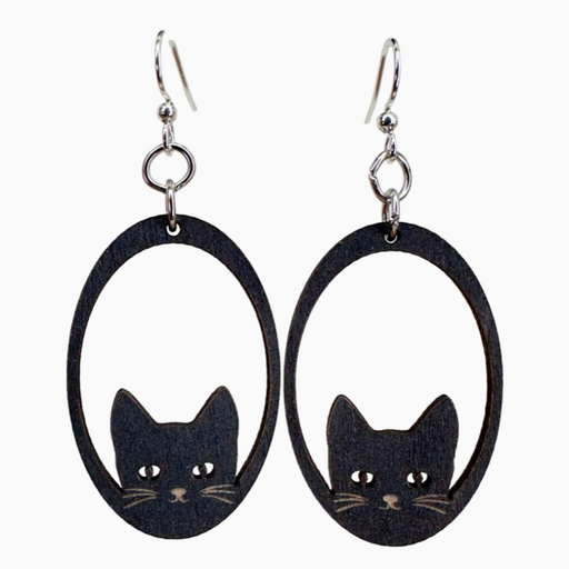 Sneaky Cat Black Satin Wood Earrings