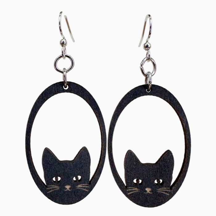 Sneaky Cat Black Satin Wood Earrings
