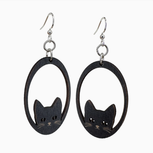 Sneaky Cat Black Satin Wood Earrings