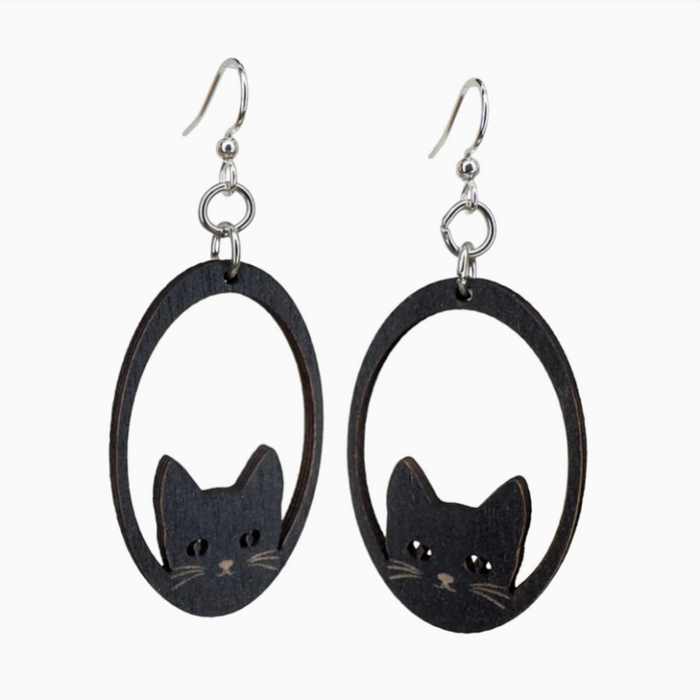 Sneaky Cat Black Satin Wood Earrings