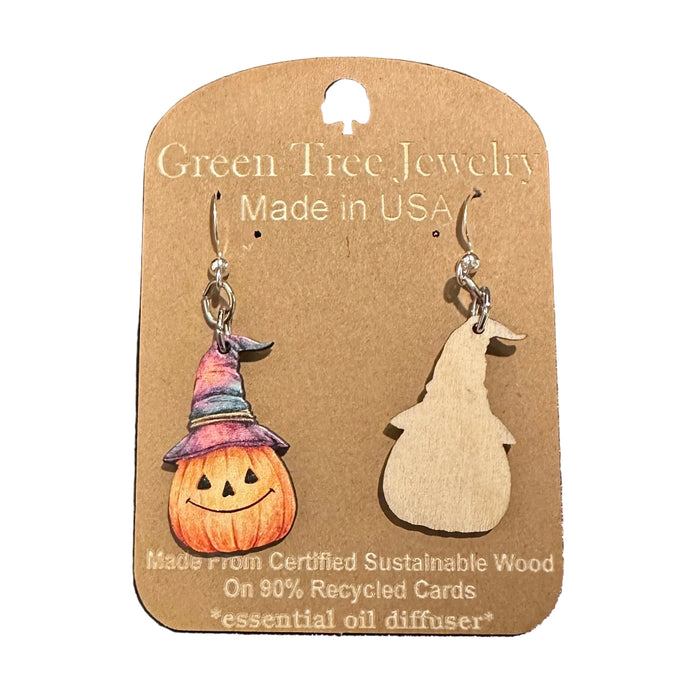 Watercolor Witch Pumpkins Wood Earrings
