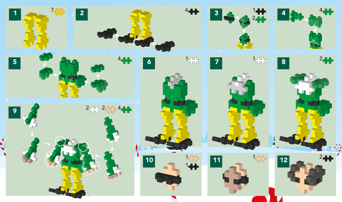 Step-by-step assembly instructions for building a green and yellow elf with black shoes