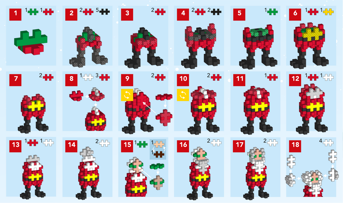 Step-by-step assembly of a Santa Claus figure with puzzle piece indicators.