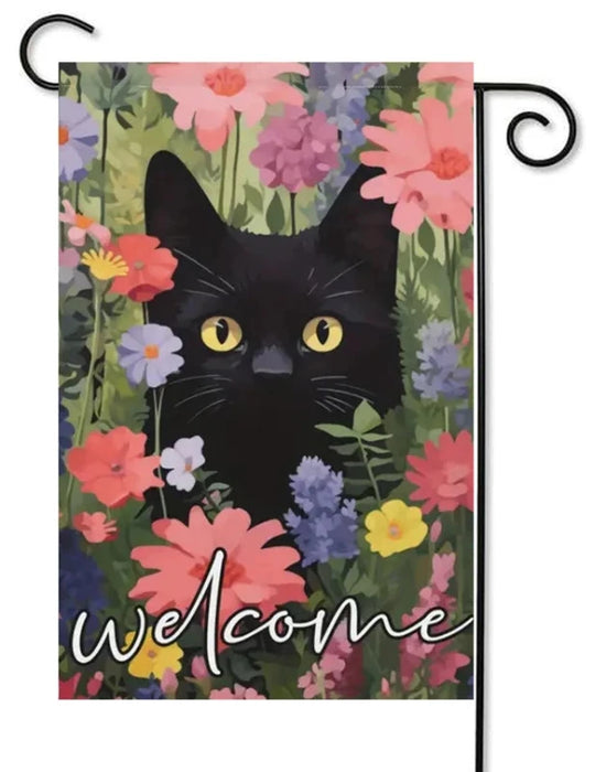 Cute Black Cat in Flowers Garden Flag