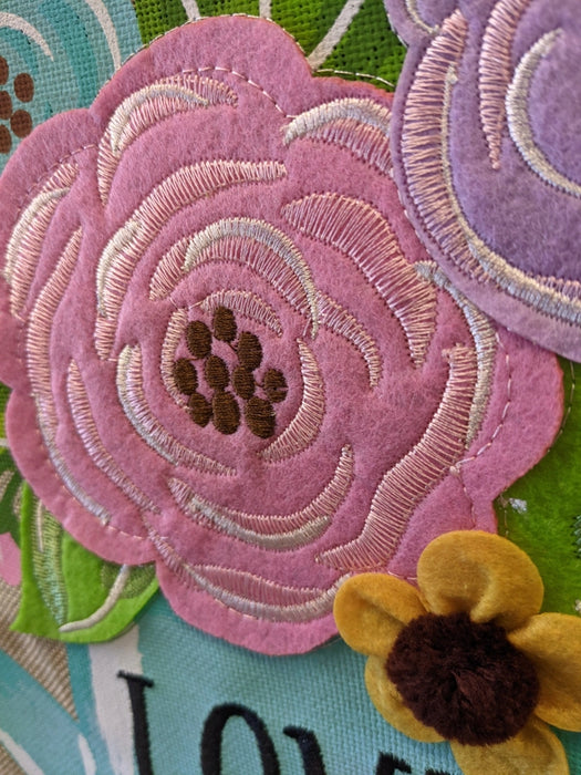 Love Grows Here Watering Can Burlap Garden Flag