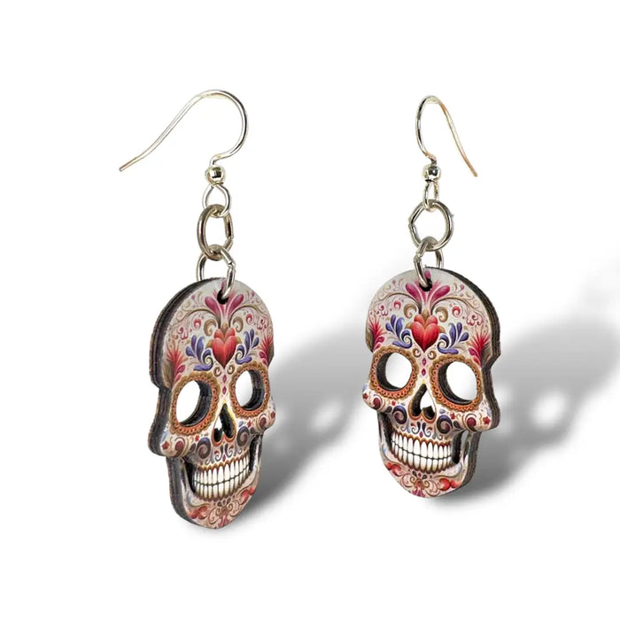 Sugar Skull Heart Wood Earrings