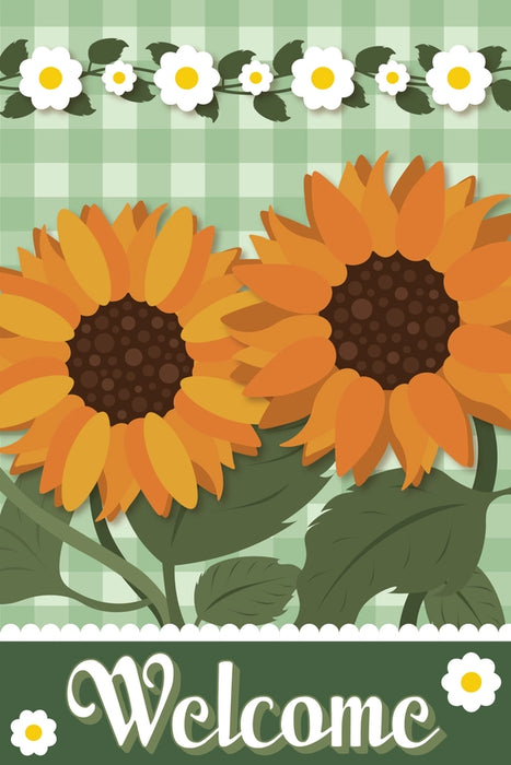 Welcome Sunflower Green Check Garden Flag