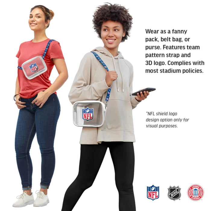 Two women wearing NFL-themed bags with team pattern straps and 3D logos.