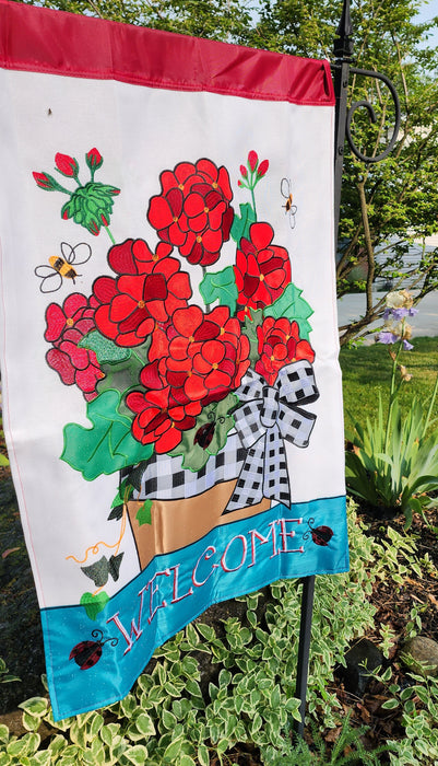 Welcome Red Geraniums Banner Flag