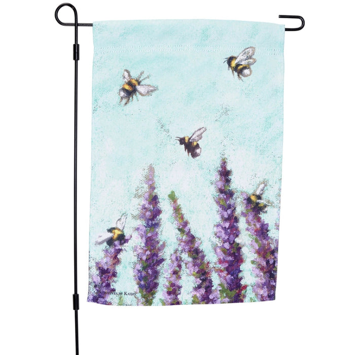 Decorative garden flag with bees and lavender on a light blue background