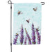 Decorative garden flag with bees and lavender on a light blue background