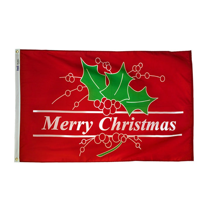3x5' Merry Christmas Holly Nylon Flag