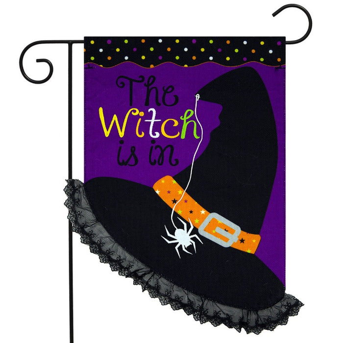 The Witch Is In Burlap Garden Flag