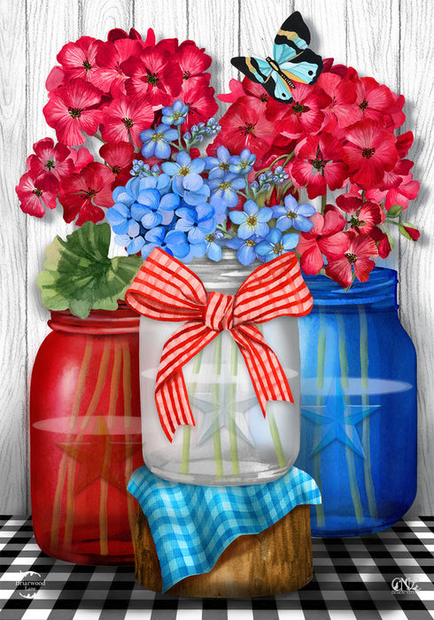Red White and Blue Floral Jars Decorative Flag