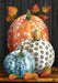 Decorative flag with pumpkins and leaves on a wooden look background