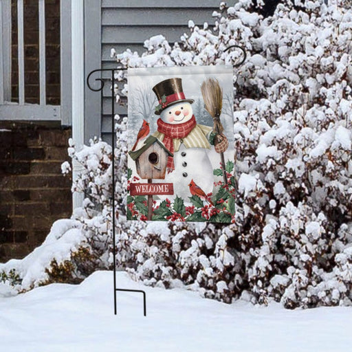 Jolly Snowman Welcome Garden Flag in use