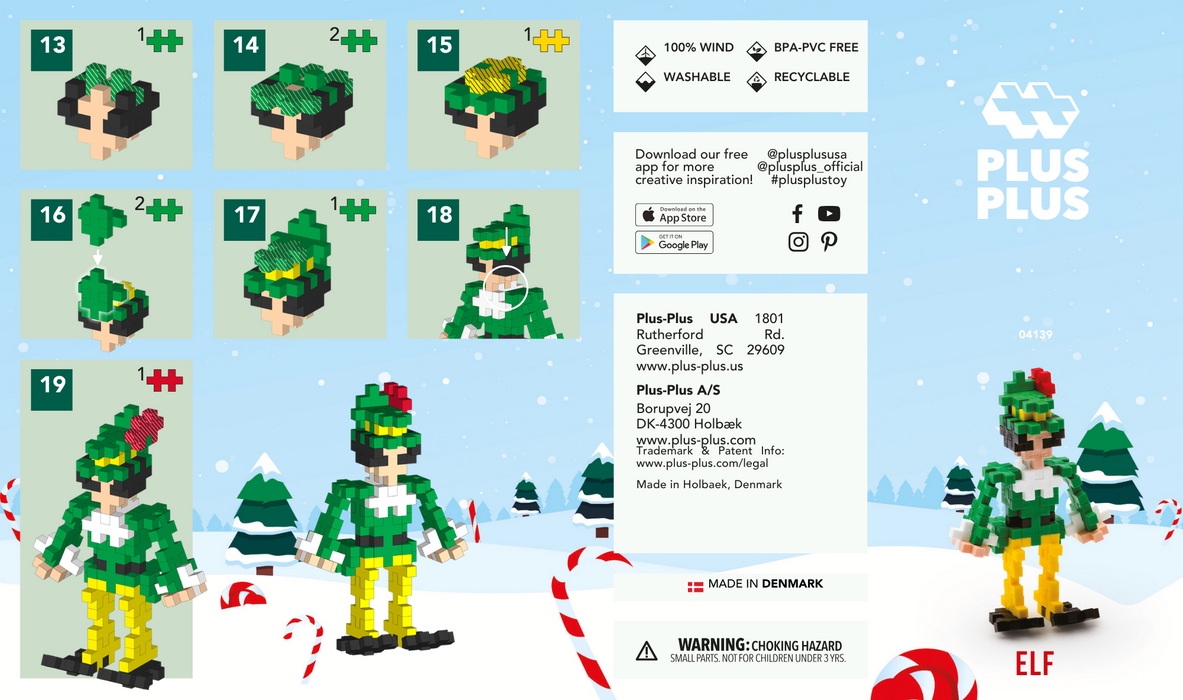 Step-by-step assembly instructions for building a green and yellow elf with black shoes