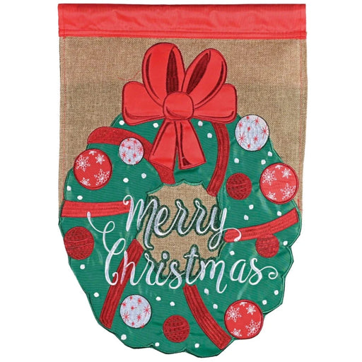 Merry Christmas Wreath Burlap Applique Flag