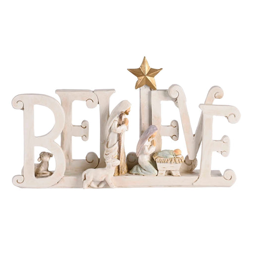 Decorative nativity scene with 'BELIEVE' letters on a white background