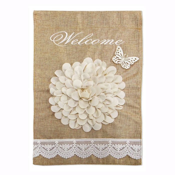 Cute White Ruffles Flower Burlap Garden Flag