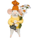 Stuffed mouse toy wearing a yellow sweater and hat, holding flowers and holding a sign