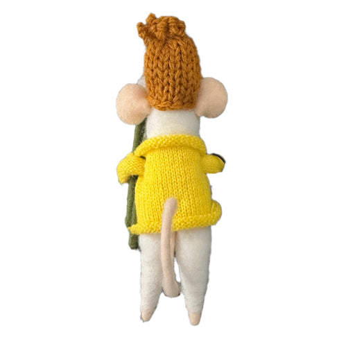 Stuffed mouse toy wearing a yellow sweater and hat, holding flowers and holding a sign
