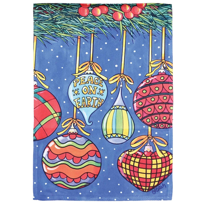Decorative garden flag with colorful Christmas ornaments and 'Peace on Earth' text on a blue background.