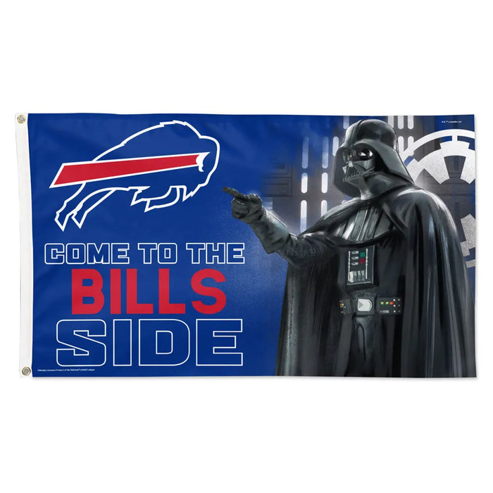 Flag with Darth Vader pointing at the Buffalo Bills logo and text 'Come to the Bills Side' on a blue background.