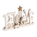 Decorative nativity scene with 'BELIEVE' letters on a white background