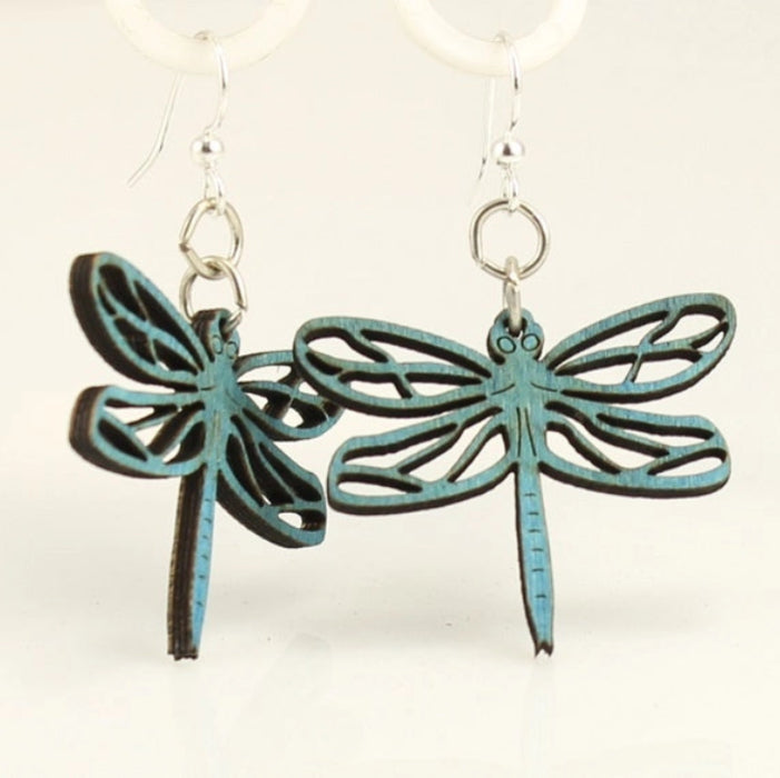 Dragonfly Blossoms Brilliant Blue Wood Earrings