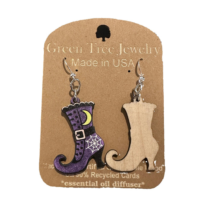 Purple Witch Boots Wood Earrings