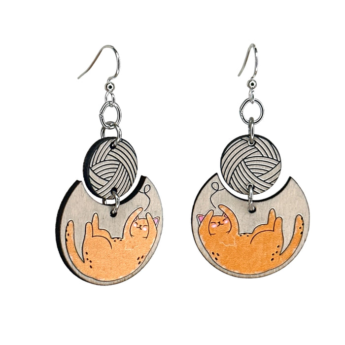 Cat with Yarn Wood Earrings