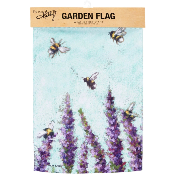 Decorative garden flag with bees and lavender on a light blue background