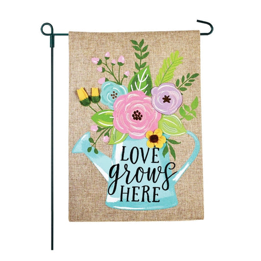 Love Grows Here Watering Can Burlap Garden Flag