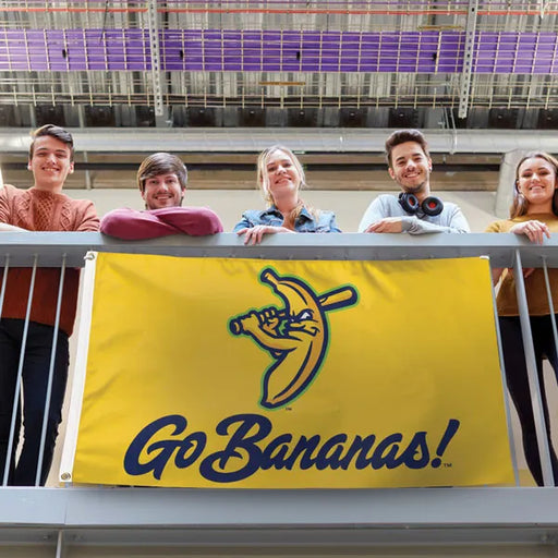 Yellow flag with the Savannah Bananas character logo and 'Go Bananas!' text