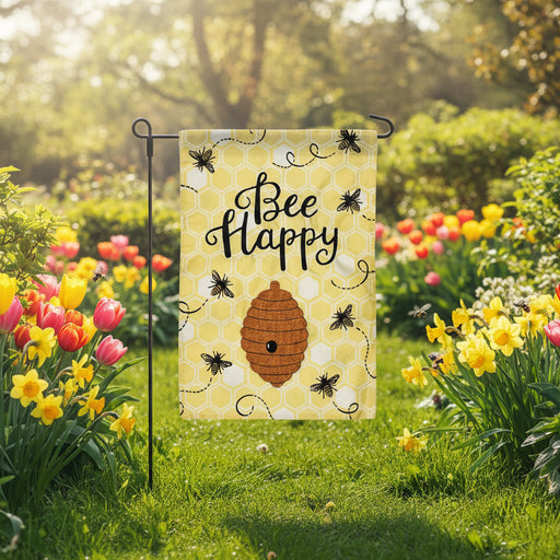 Bee Happy Honeycomb Burlap Garden Flag