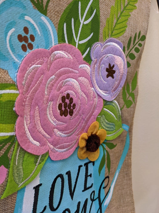 Love Grows Here Watering Can Burlap Garden Flag