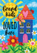Decorative flag with colorful house, flowers, and text 'Grand kids loved here' on a blue background.