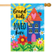 Decorative flag with colorful house, flowers, and text 'Grand kids loved here' on a blue background.