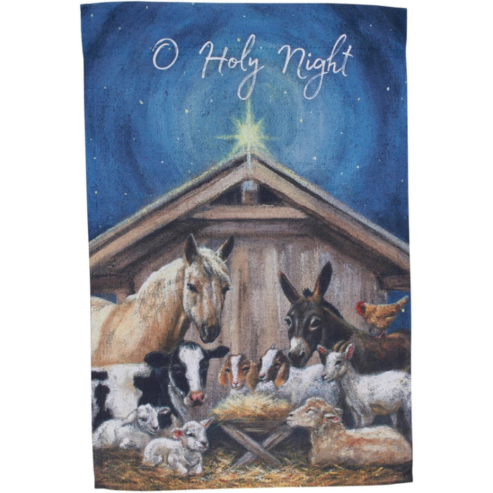 Decorative garden flag with a nativity scene featuring animals and 'O Holy Night' text.