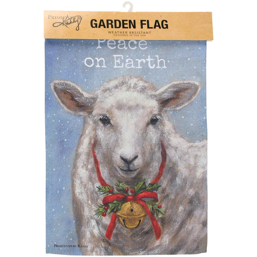 Decorative garden flag with a sheep wearing a Christmas wreath and bell, featuring the text 'Peace on Earth'.
