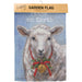 Decorative garden flag with a sheep wearing a Christmas wreath and bell, featuring the text 'Peace on Earth'.